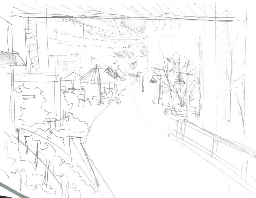 Observational Sketches. Environment outside mochinut in promenade. 10.18.2024. "I thought the outside looked rather nice, and wanted to capture that."