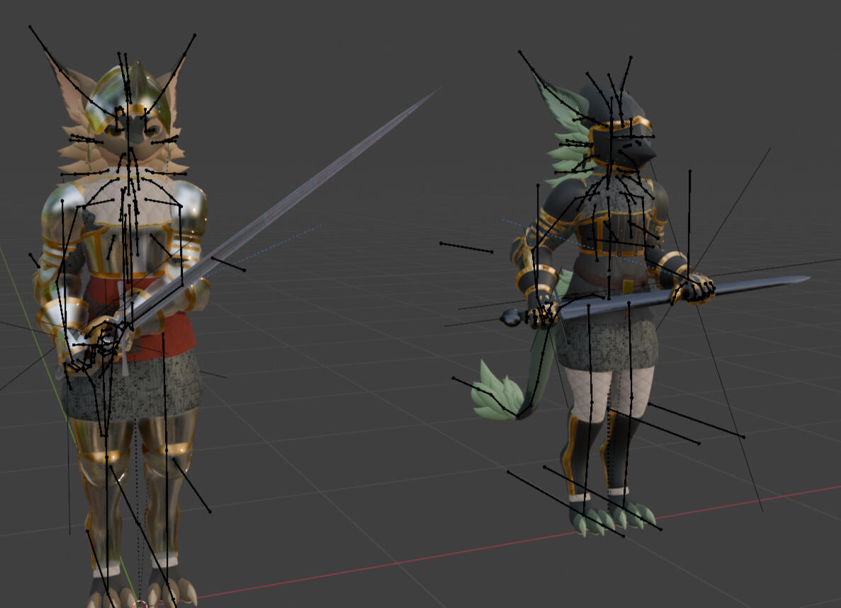 Character lineup (not my base models, only armor is mine). Blender, complex IK rigging, complex weapon rigs, animation ready. 10.06.2024. "One of the biggest issues I had was the way that the IK rigs worked together with the weapons."