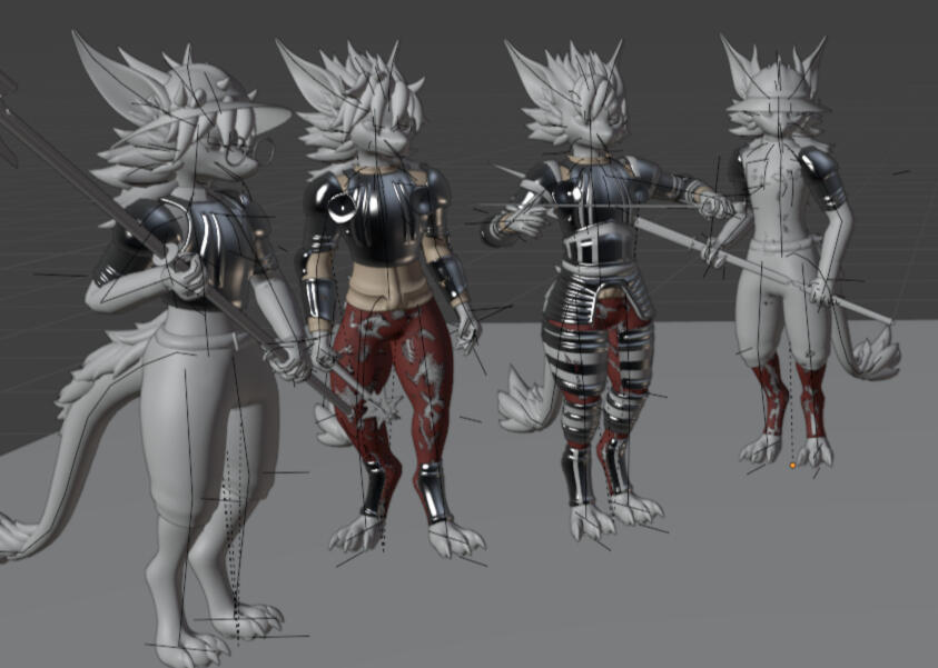 Character Cast, IK rigs and complex weapon rigs (base and weapon models not mine, armor & clothing, yes). animation project.