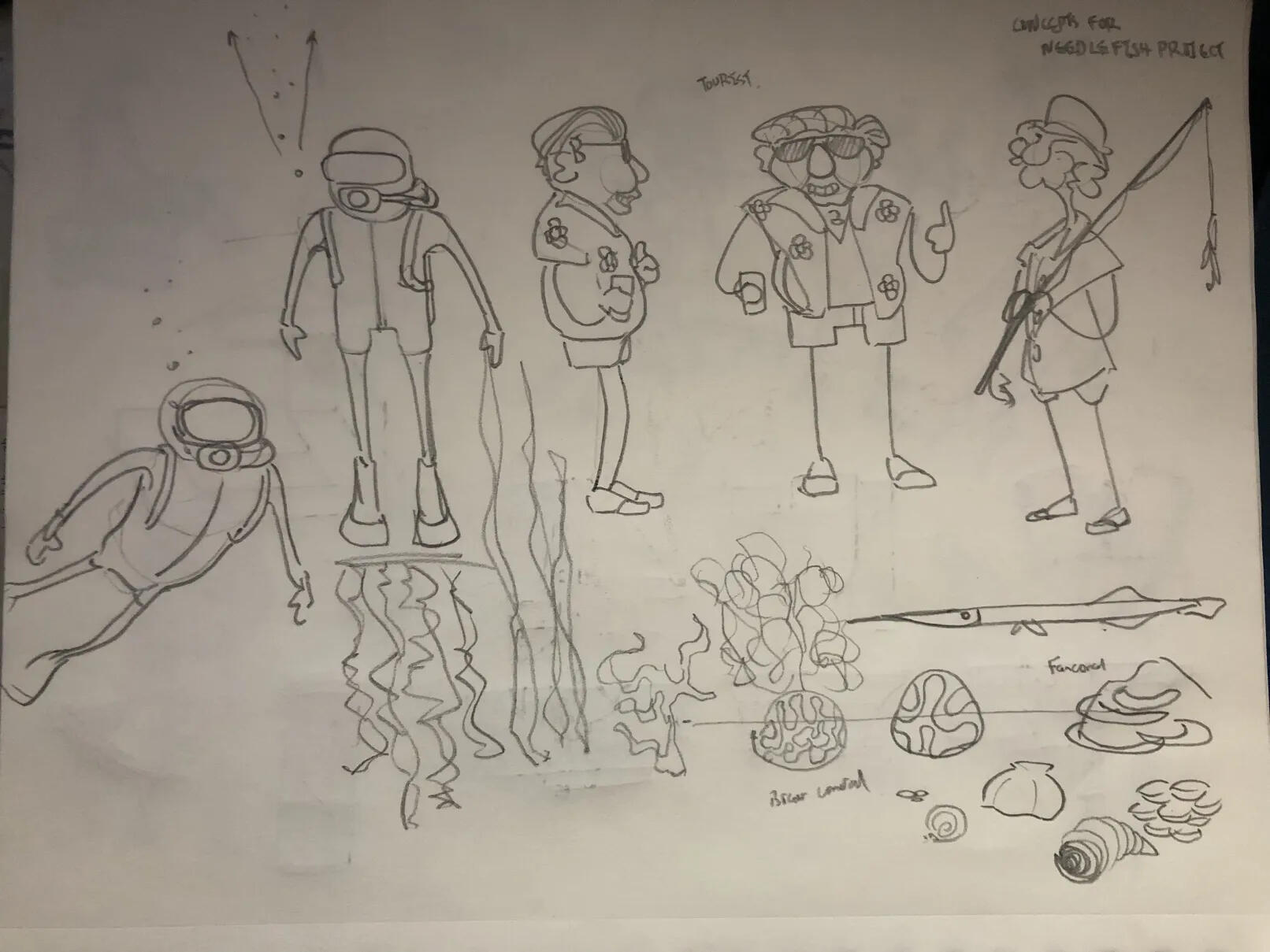 Needlefish Short Film. Character Concepting. Diver, environment, needlefish, Fisherman, Tourist. 2025.